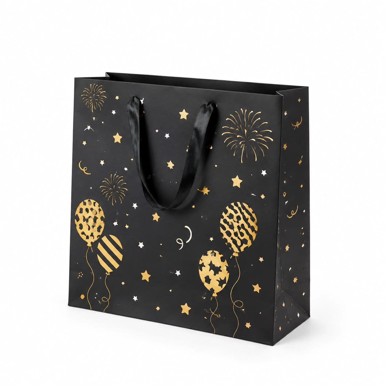 Borsa regalo 32 x 12 x 26 cm in carta nera con manici in nastro motivo palloncini e stelle