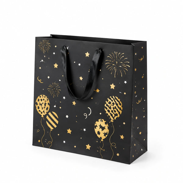 Borsa regalo 32 x 12 x 26 cm in carta nera con manici in nastro motivo palloncini e stelle