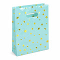 Sacchetto regalo 26 x 12 x 32 cm in carta turchese con stelle dorate e manici fustellati