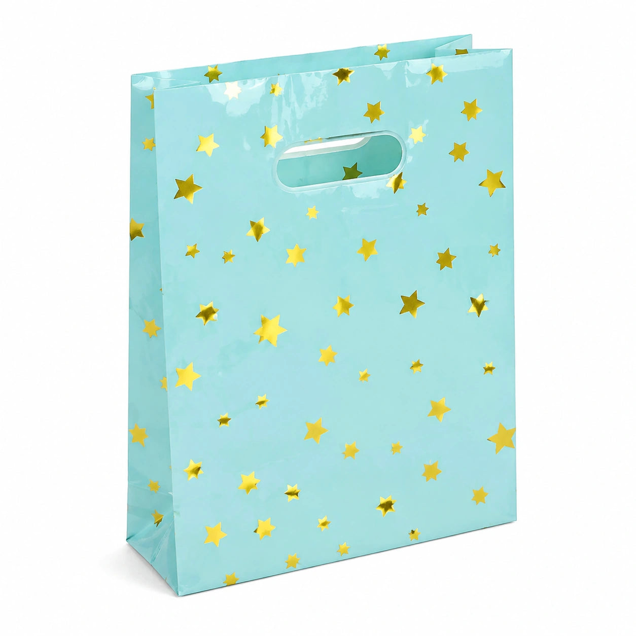 Sacchetto regalo 26 x 12 x 32 cm in carta turchese con stelle dorate e manici fustellati