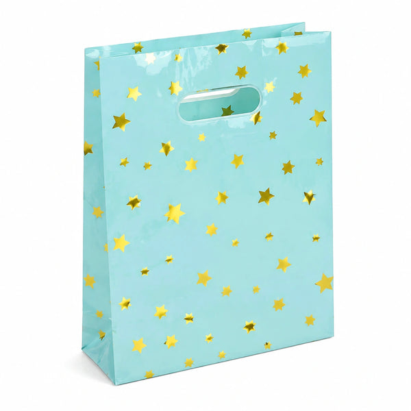 Sacchetto regalo 26 x 12 x 32 cm in carta turchese con stelle dorate e manici fustellati