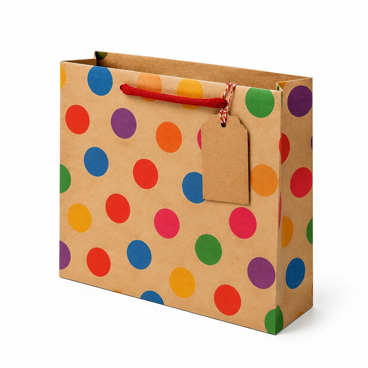 Sacchetto regalo 32 x 12 x 26 cm in carta kraft a pois multicolore con manici in corda