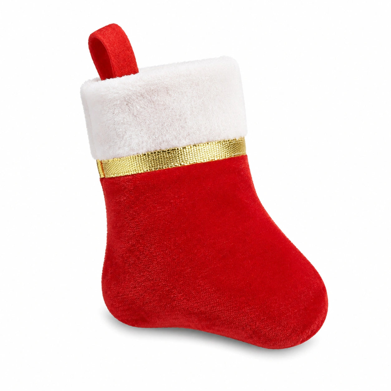Calza decorativa natalizia 20 cm in tessuto peluche rosso bianco e oro con passante