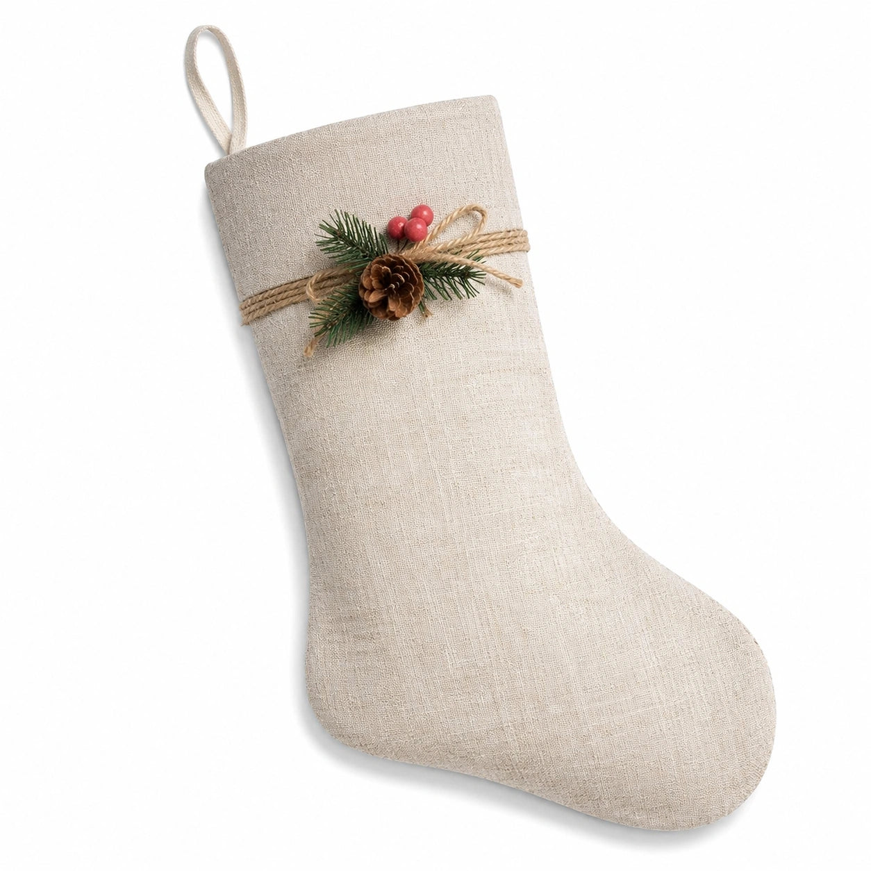 Calza natalizia 45 cm in tessuto beige con decoro rustico da appendere