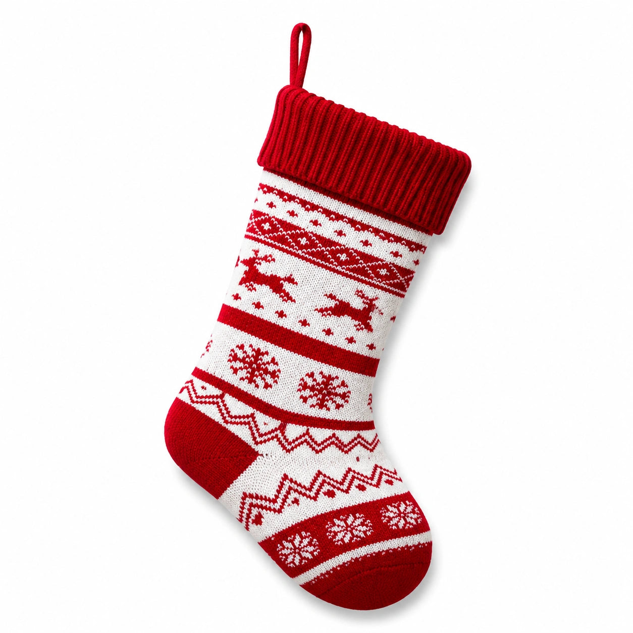 Calza natalizia decorativa 45 cm in tessuto a maglia rosso/bianco con motivo renne e fiocchi di neve