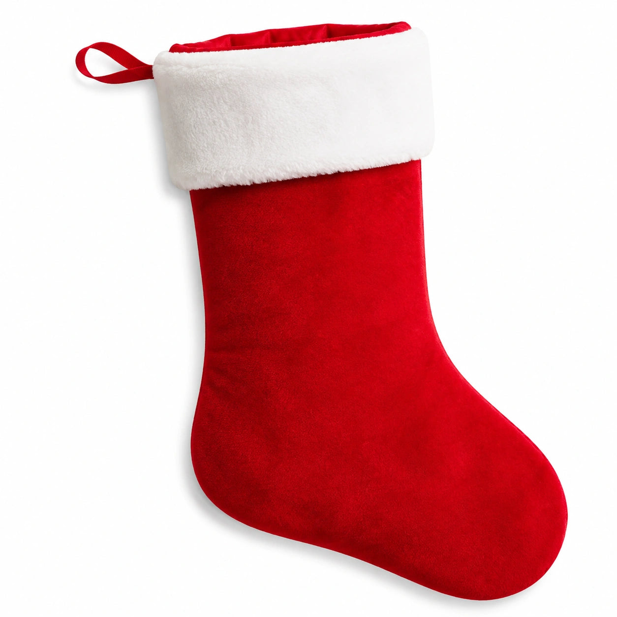 Calza natalizia 45 cm in tessuto effetto peluche rosso bianco con passante da appendere
