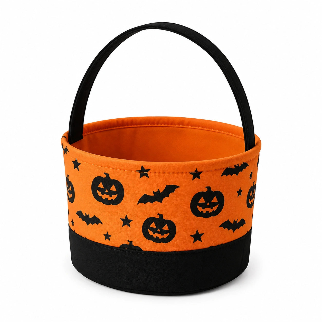 Cestino porta dolci 20 cm in tessuto arancione e nero con manico motivo zucche e pipistrelli