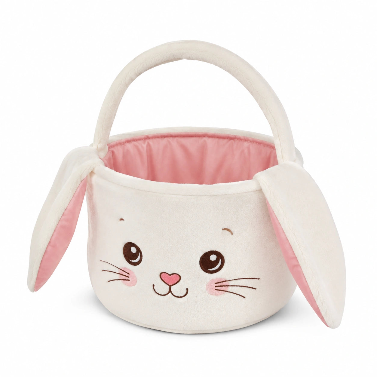 Cestino portauova rotondo 24 x 20 cm in peluche bianco e rosa con manico stile coniglio