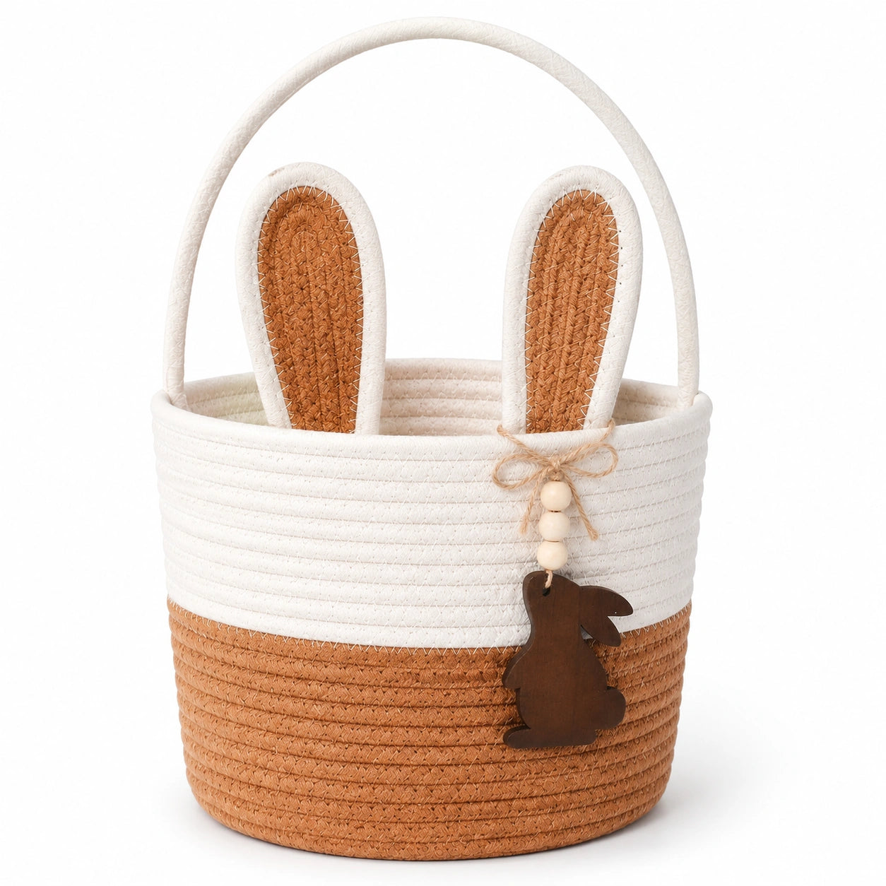 Cestino portaoggetti rotondo 24 cm in corda di cotone bianco/marrone con manico e coniglio decorativo