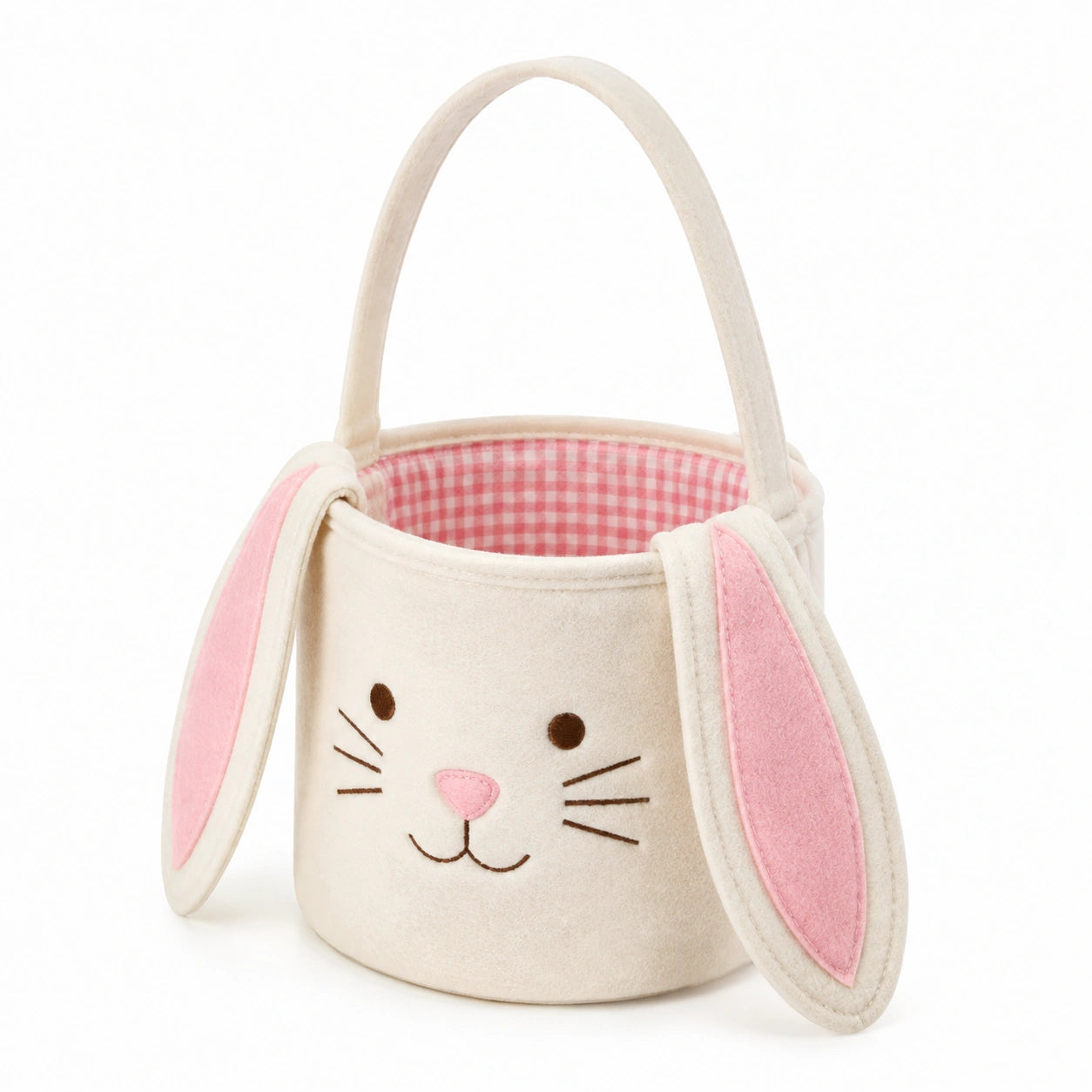 Cestino portaoggetti coniglio in feltro beige e rosa diametro 18 cm con manico