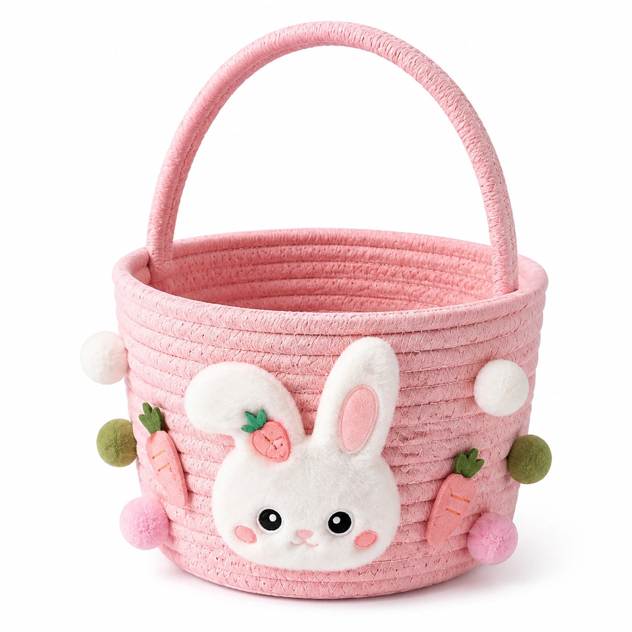 Cestino portaoggetti rotondo diametro 25 cm in corda tessile rosa con manico e coniglio decorativo
