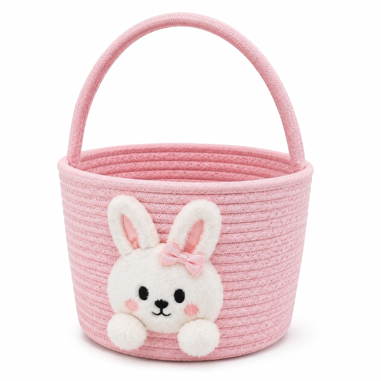 Cestino portaoggetti rotondo 25 x 20 cm in tessuto rosa con manico e coniglio decorativo