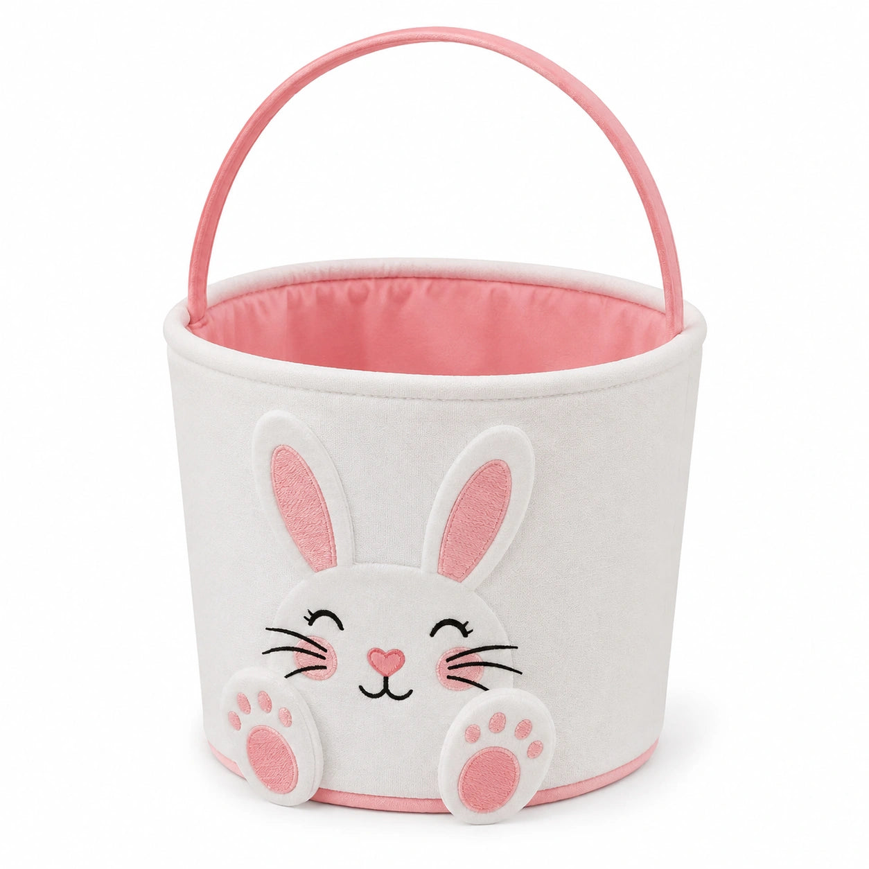 Cesto portaoggetti rotondo 30 x 35 cm in tessuto bianco e rosa con manico stile coniglio