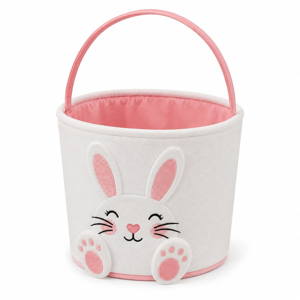 Cesto portaoggetti rotondo 30 x 35 cm in tessuto bianco e rosa con manico stile coniglio