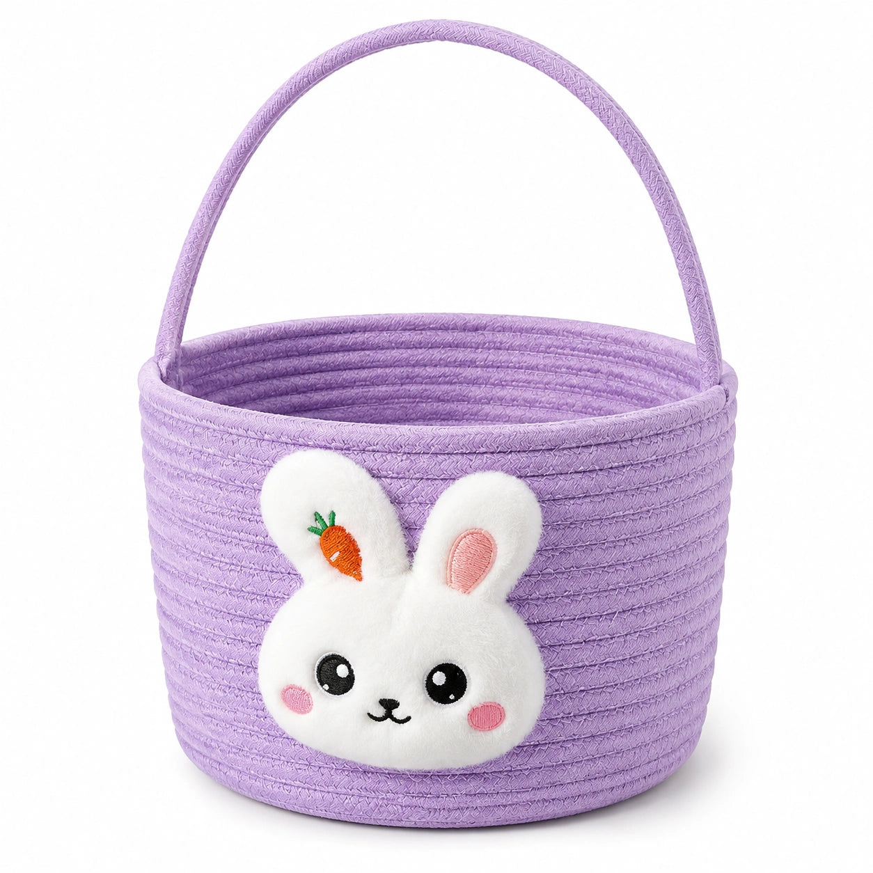 Cestino portaoggetti rotondo 25 x 20 cm in corda di cotone lilla con manico e coniglio decorativo