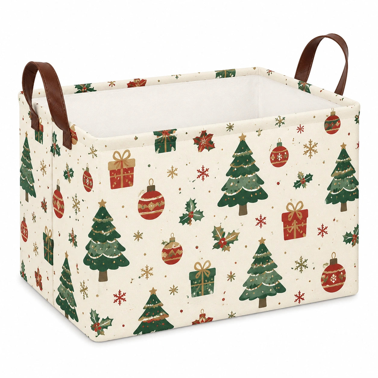 Cesto contenitore 38 x 28 x 28 cm in tessuto beige con manici marroni - motivo natalizio pieghevole
