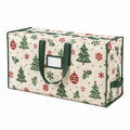 Borsa contenitore natalizia 60 x 40 x 35 cm in tessuto beige verde e rosso con zip e manici