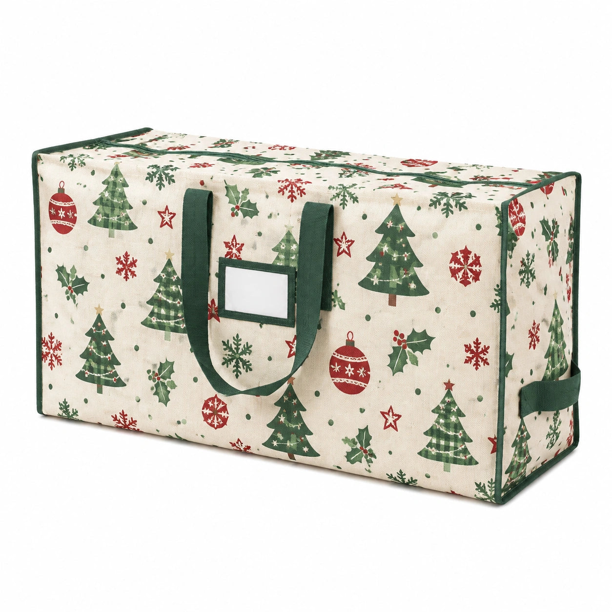 Borsa contenitore natalizia 60 x 40 x 35 cm in tessuto beige verde e rosso con zip e manici