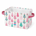 Cestino portaoggetti 30 x 20 x 18 cm in tessuto bianco con alberi rosa e manici - contenitore pieghevole