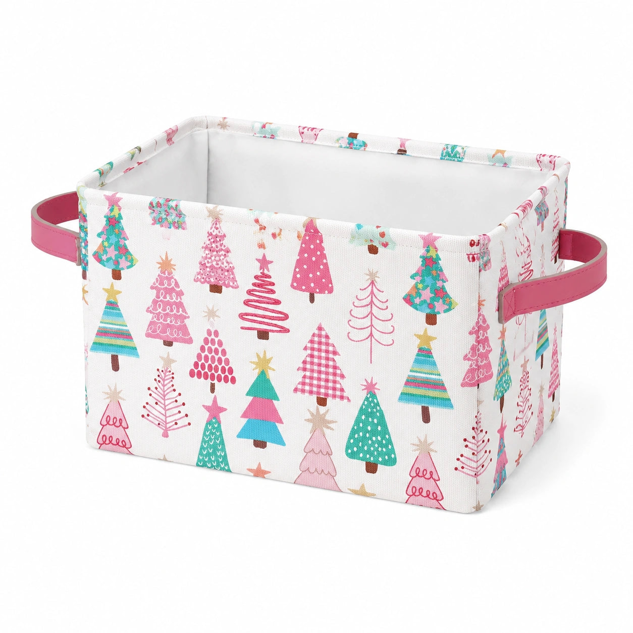 Cestino portaoggetti 30 x 20 x 18 cm in tessuto bianco con alberi rosa e manici - contenitore pieghevole