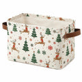 Cestino portaoggetti 38 x 28 x 25 cm in tessuto bianco con manici marroni - stampa natalizia per organizzazione domestica