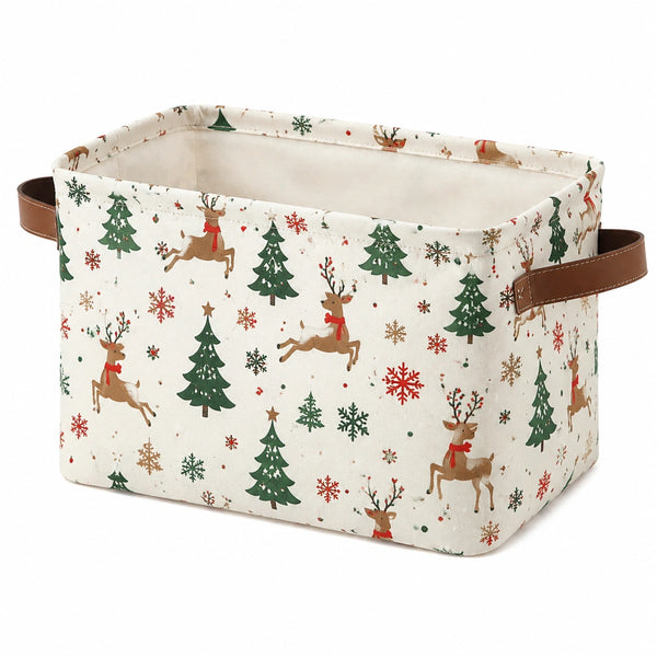 Cestino portaoggetti 38 x 28 x 25 cm in tessuto bianco con manici marroni - stampa natalizia per organizzazione domestica