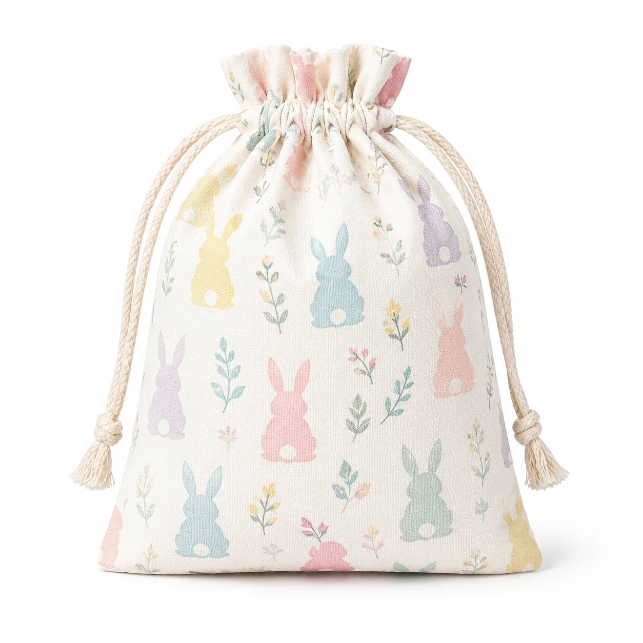 Sacchetto con coulisse 20 x 15 cm in tessuto multicolore con coniglietti e fiori