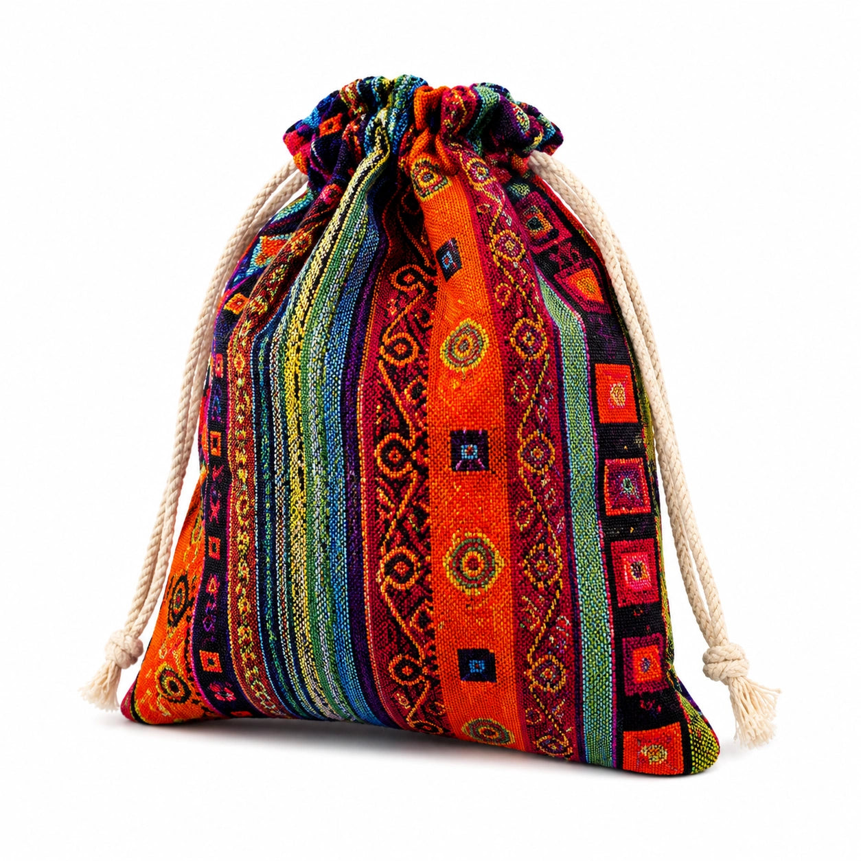 Sacchetto a coulisse 25 x 8 x 30 cm in tessuto multicolore con fantasia geometrica stile boho
