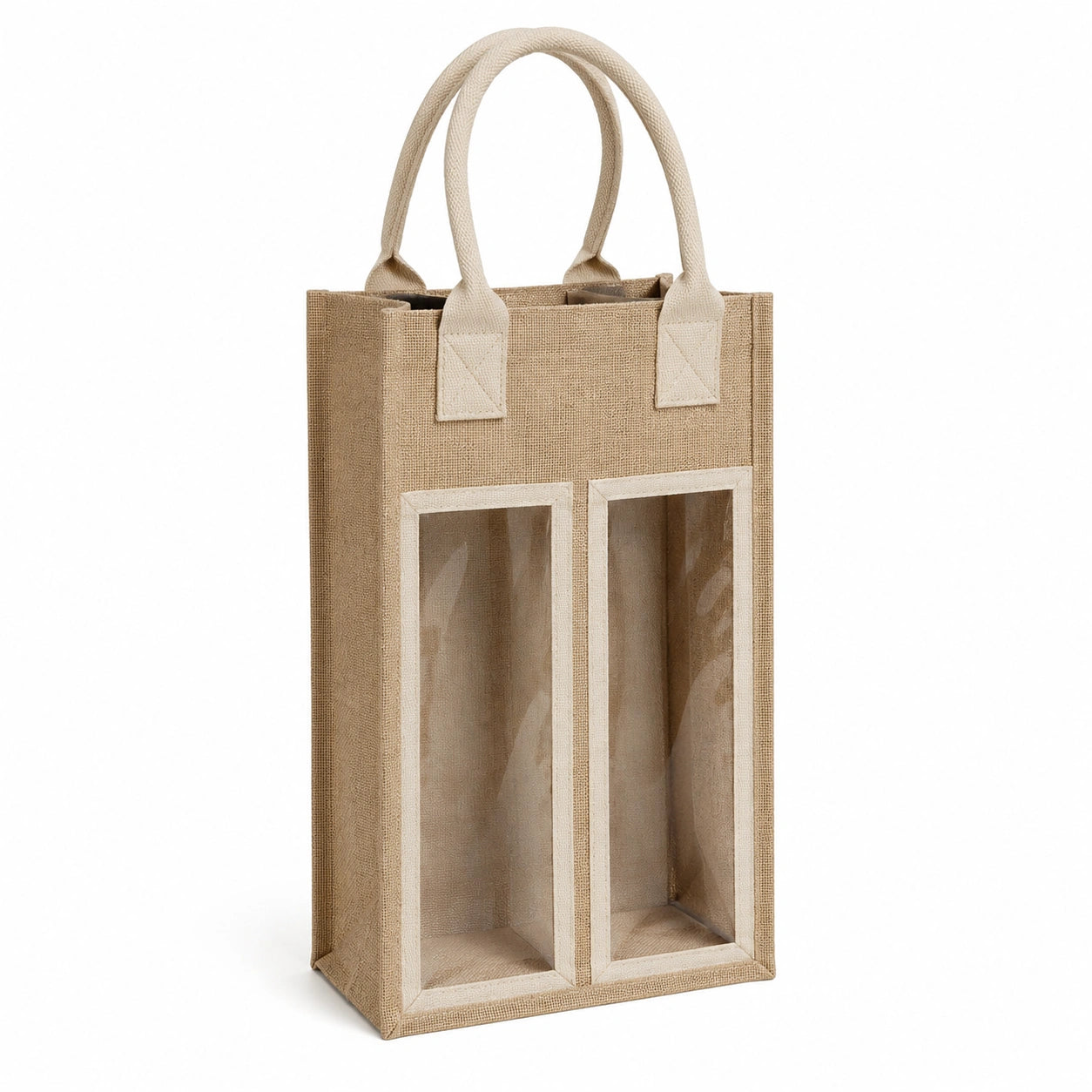 Borsa portabottiglie 20 x 10 x 35 cm in juta beige per 2 bottiglie con finestre trasparenti