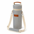 Borsa portabottiglia cilindrica 10 x 10 x 30 cm in tessuto a righe blu e avorio con tracolla regolabile