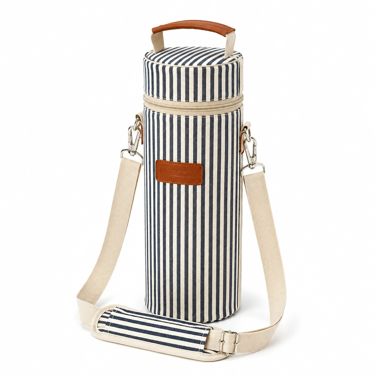 Borsa portabottiglia cilindrica 10 x 10 x 30 cm in tessuto a righe blu e avorio con tracolla regolabile
