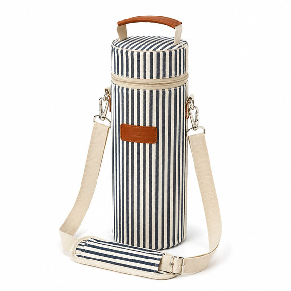 Borsa portabottiglia cilindrica 10 x 10 x 30 cm in tessuto a righe blu e avorio con tracolla regolabile