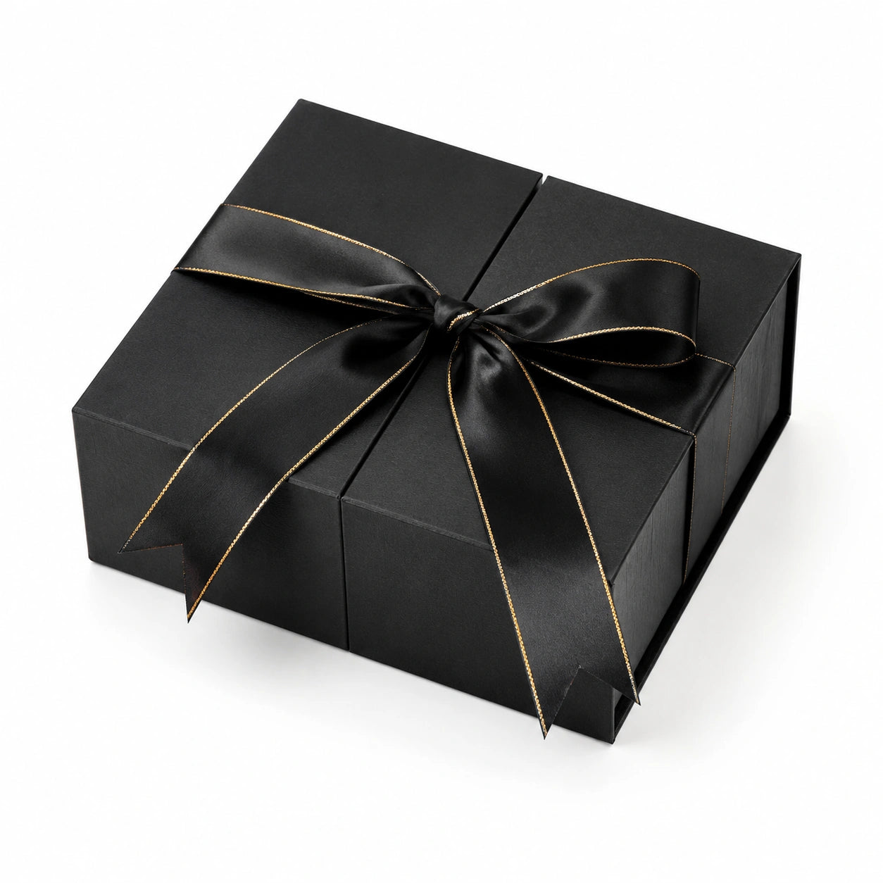 Scatola regalo 25 x 25 x 10 cm in cartone nero con nastro satinato dorato - confezione elegante