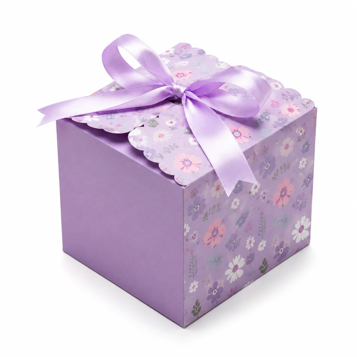 Scatola regalo 20 x 20 x 20 cm in cartone lilla con motivo floreale e nastro decorativo