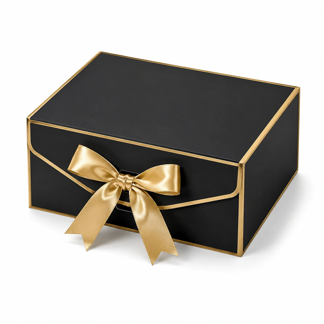 Scatola regalo 30 x 22 x 12 cm in cartone nero e oro con chiusura a nastro stile elegante
