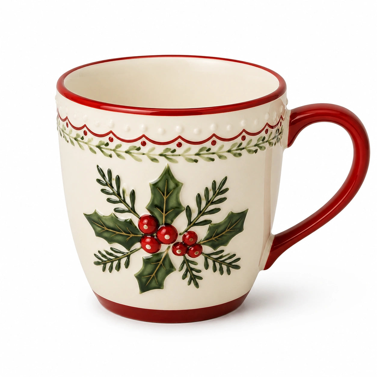 Tazza in ceramica 12 x 10 cm crema rosso verde con manico decorazione botanica in rilievo
