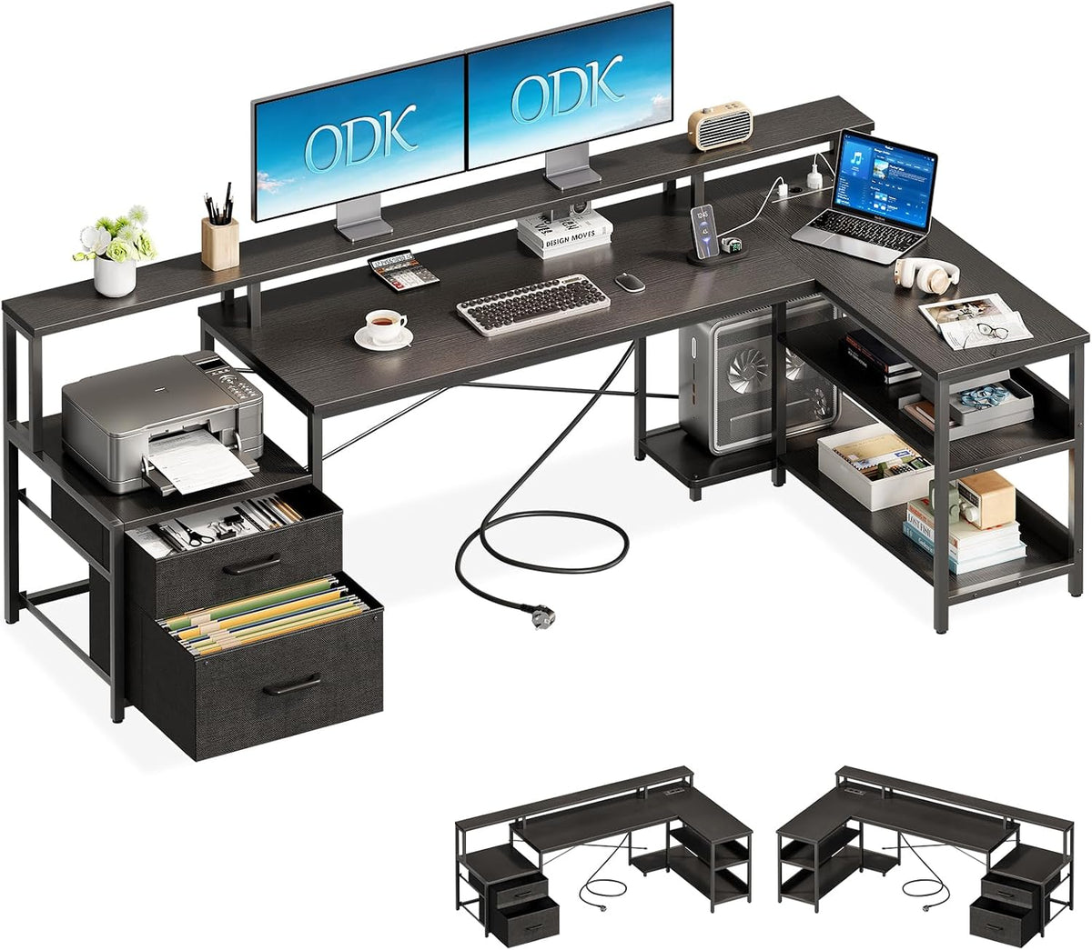 Biurko, ODK, 189.3×100 cm, Czarny, MDF, 2 szuflad, USB