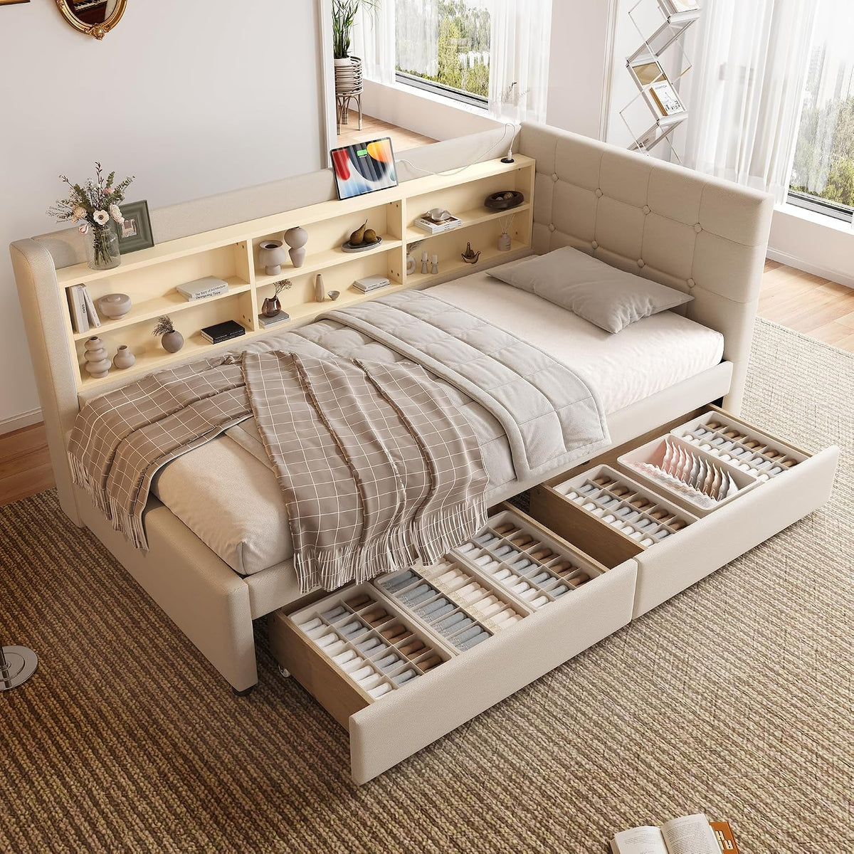 DUlVBPE, Sofa, 90 x 200 cm, Beżowy, MDF, 2 szuflad, USB