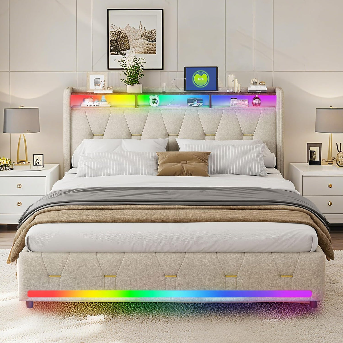 Łóżko tapicerowane, XMETPR, 160x200 cm, Beżowy, 4 szuflad, oświetlenie LED, USB, pilot zdalnego sterowania