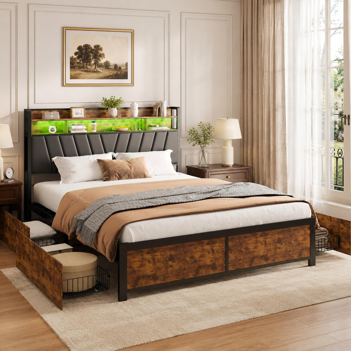 Rama łóżka, OLIVIBED, 180 x 200 cm, Brązowy/Czarny, metal, miejsce do przechowywania, oświetlenie LED, USB
