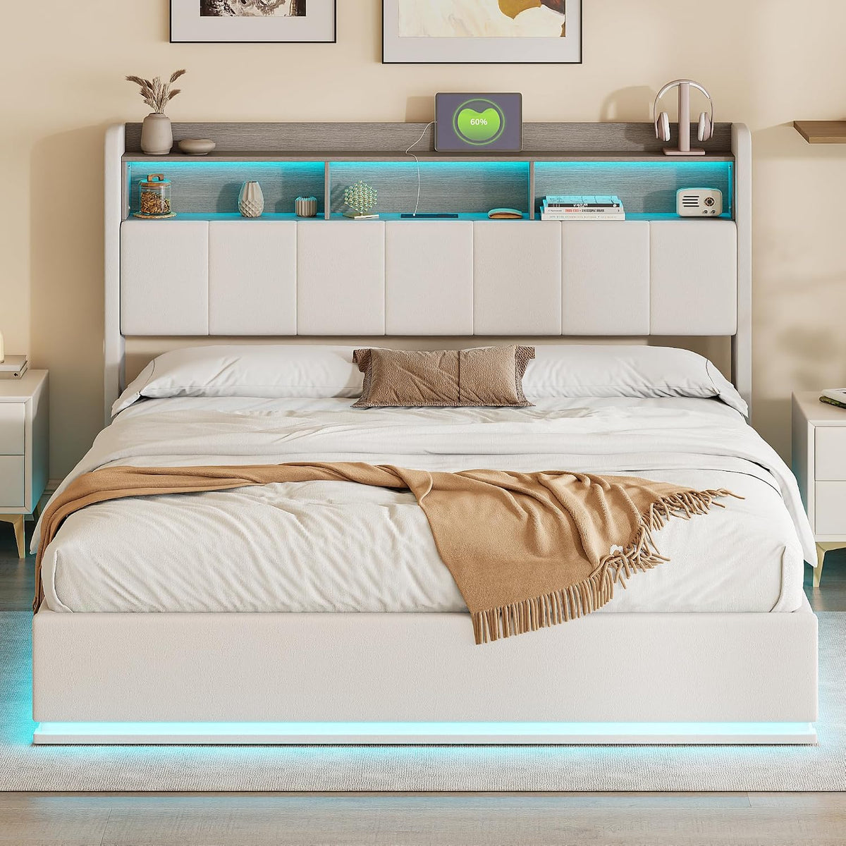 Rama łóżka, HYTKKBD, 160 x 200 cm, Biały, metal, miejsce do przechowywania, oświetlenie LED, USB