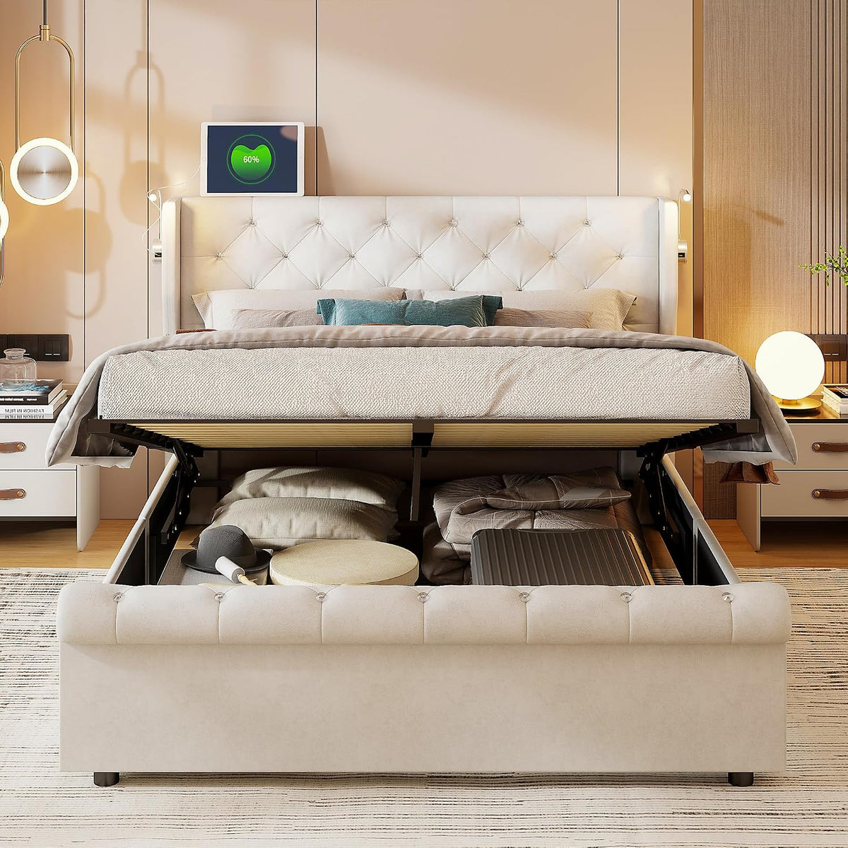 Łóżko tapicerowane, CXHLXYR, 140 x 190 cm, Beżowy, aksamit, miejsce do przechowywania, oświetlenie LED, USB