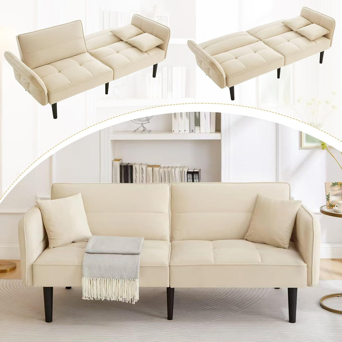 VSOGA, Sofa rozkładana, 5 cm, Beżowy/Biały, funkcja spania, regulowane oparcie, składana konstrukcja, 2 w 1