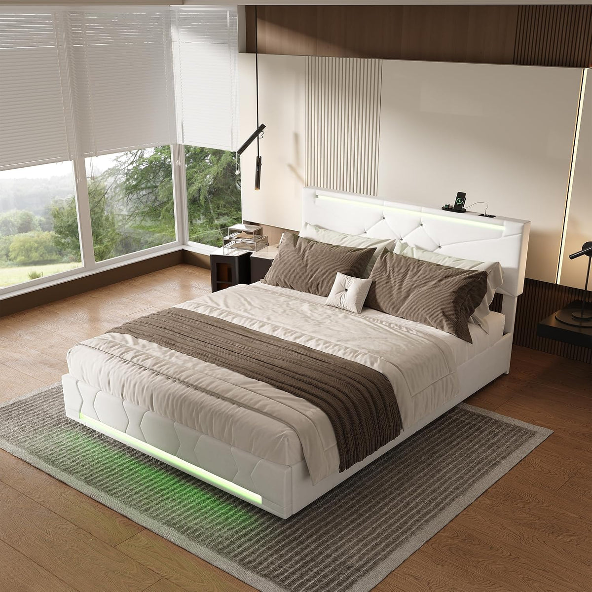 Łóżko tapicerowane, JYNVO, 160 x 200 cm, Brązowy/Beżowy, miejsce do przechowywania, oświetlenie LED, USB