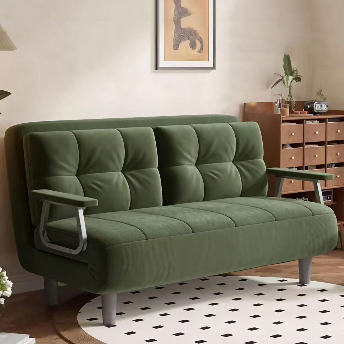 Sofa, 65 cm, 4 W, Zielony/Beżowy, sztruks, regulowane oparcie, składana konstrukcja