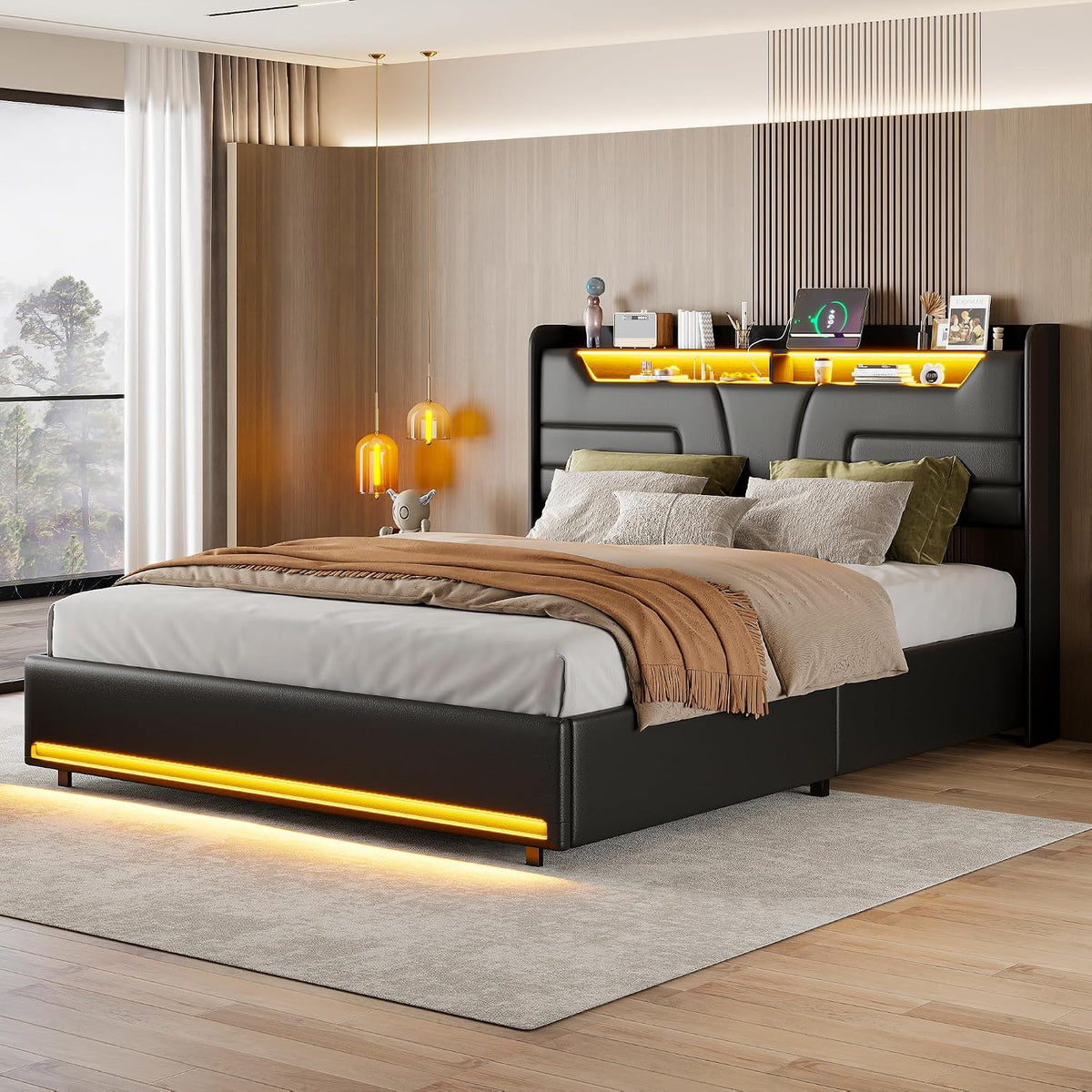 MOTUZP, Łóżko tapicerowane, 160 x 200 cm, Beżowy/Brązowy, MDF, oświetlenie LED, USB, pilot zdalnego sterowania