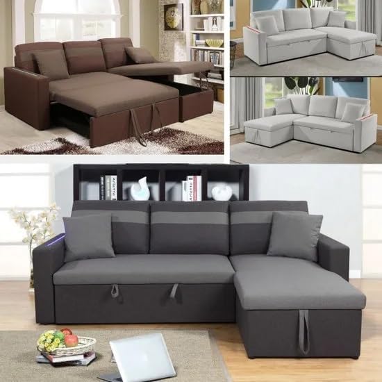 Bagno Italia, Sofa narożna, 223 cm, Szary/Brązowy/Biały, 2-osobowa, miejsce do przechowywania, oświetlenie LED, pilot zdalnego sterowania