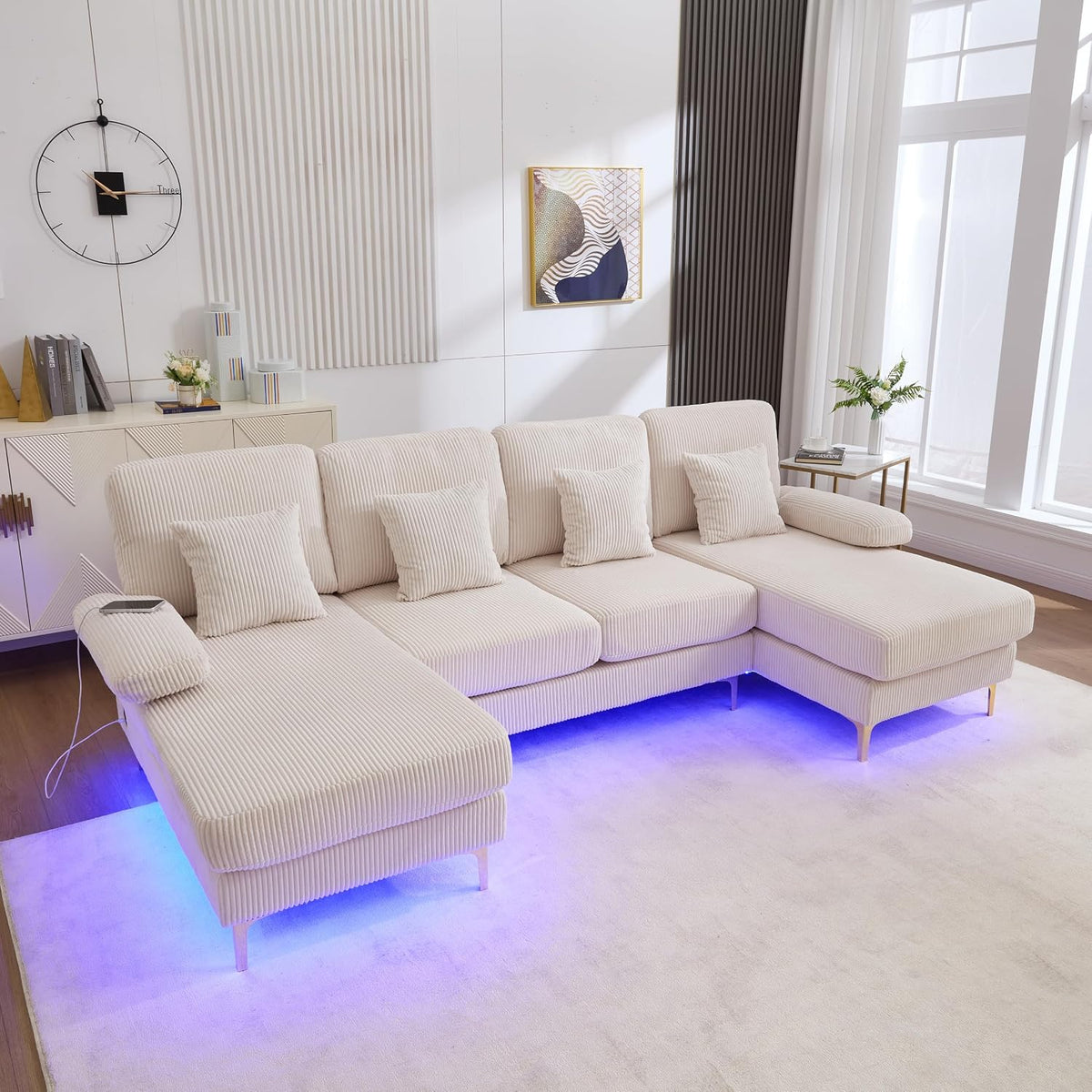 Sofa narożna, OKMYHOME, Beżowy, 4-osobowa, modułowa konstrukcja, oświetlenie LED, USB