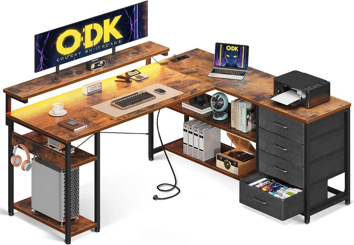 ODK, Biurko, 135 x 110 cm, Brązowy/Czarny, oświetlenie LED, USB, Bluetooth