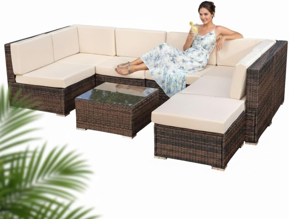Sofa narożna, Melko, 70 x 70 x 68 cm, Biały/Brązowy, polirattan, odporność na warunki atmosferyczne